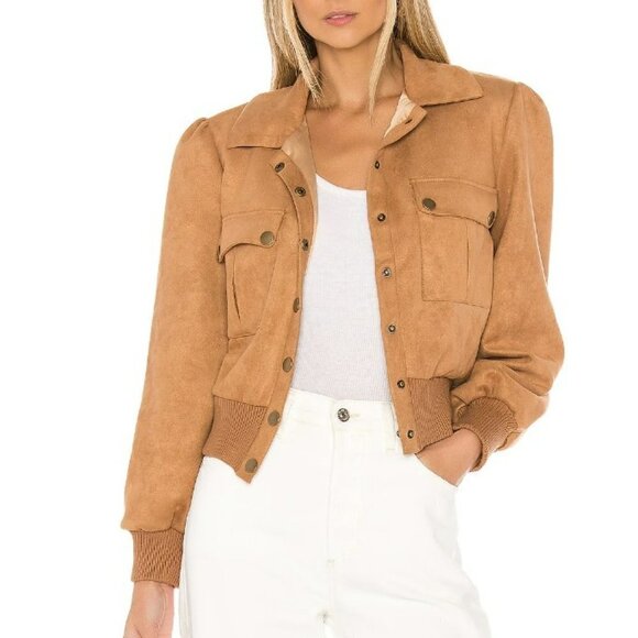 Lovers + Friends | Felix Jacket Faux Suede Bomber Jacket Camel Tan Size M - Picture 2 of 14